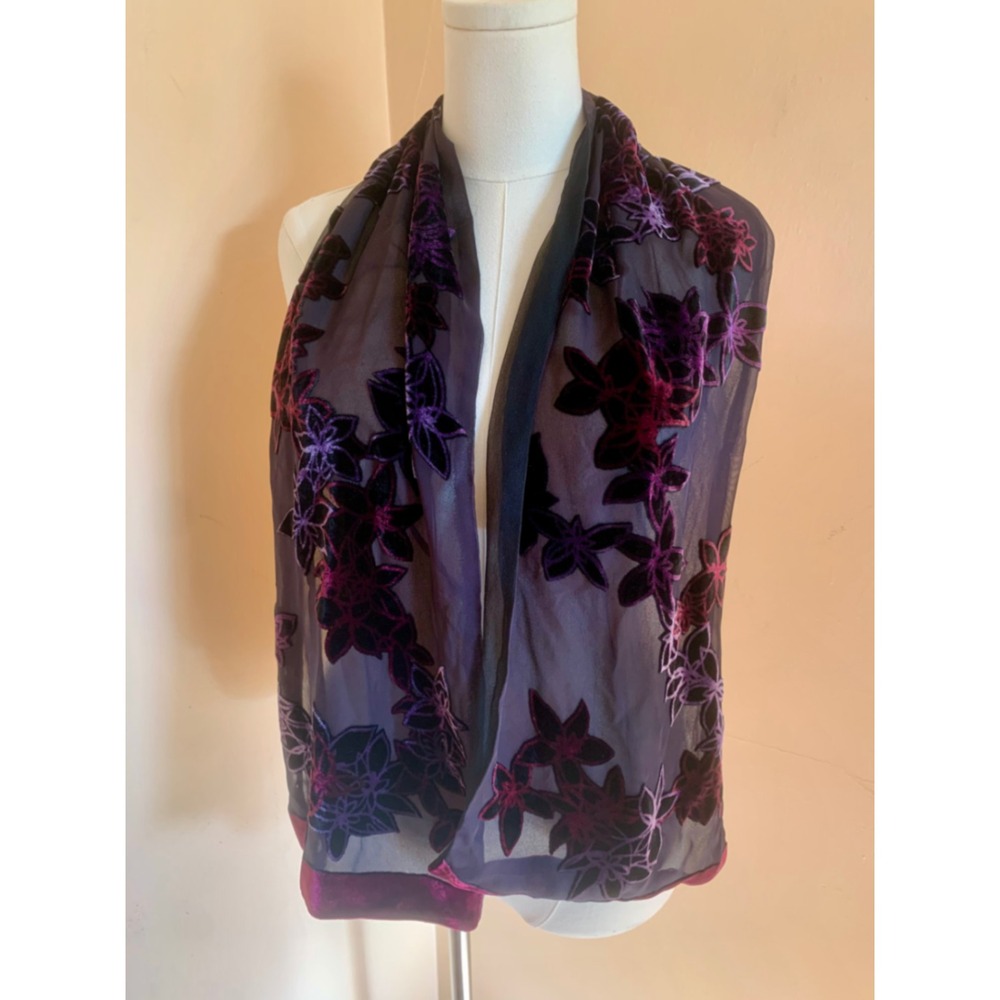 Vintage Purple Velvet Floral Burnout Sheer Silk Blend Scarf Wrap 55x9.5